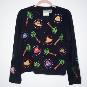 Vintage Michael Simon Tropical Hat Embroidered Cardigan M